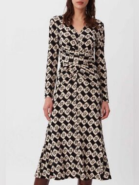 Diane Von Furstenberg Black and Cream Ruched Jersey Midi Dress size 12